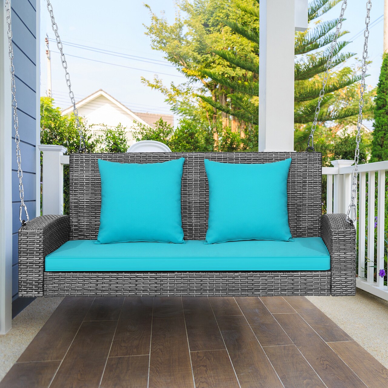 2-Person Patio PE Wicker Hanging Porch Swing Bench Chair with Cushion